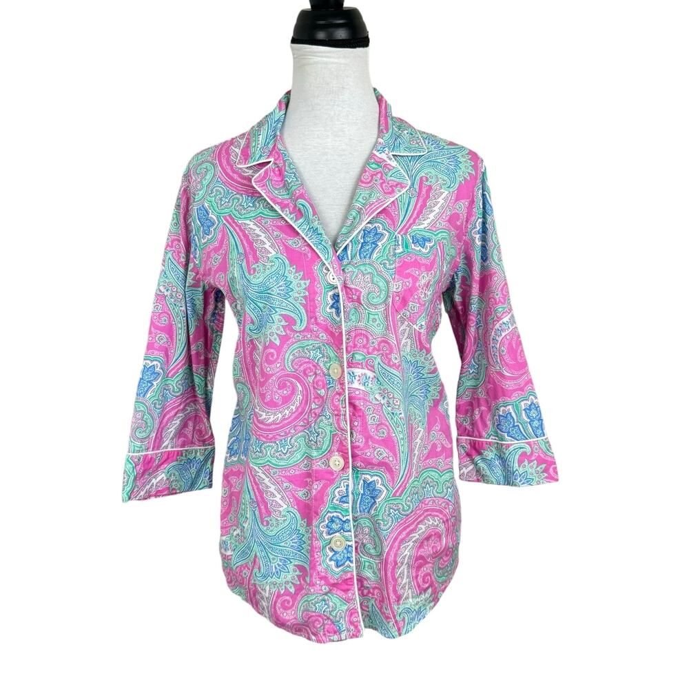 Lauren Ralph Lauren Pink Colorful Paisley Print Button Front Pajama Top